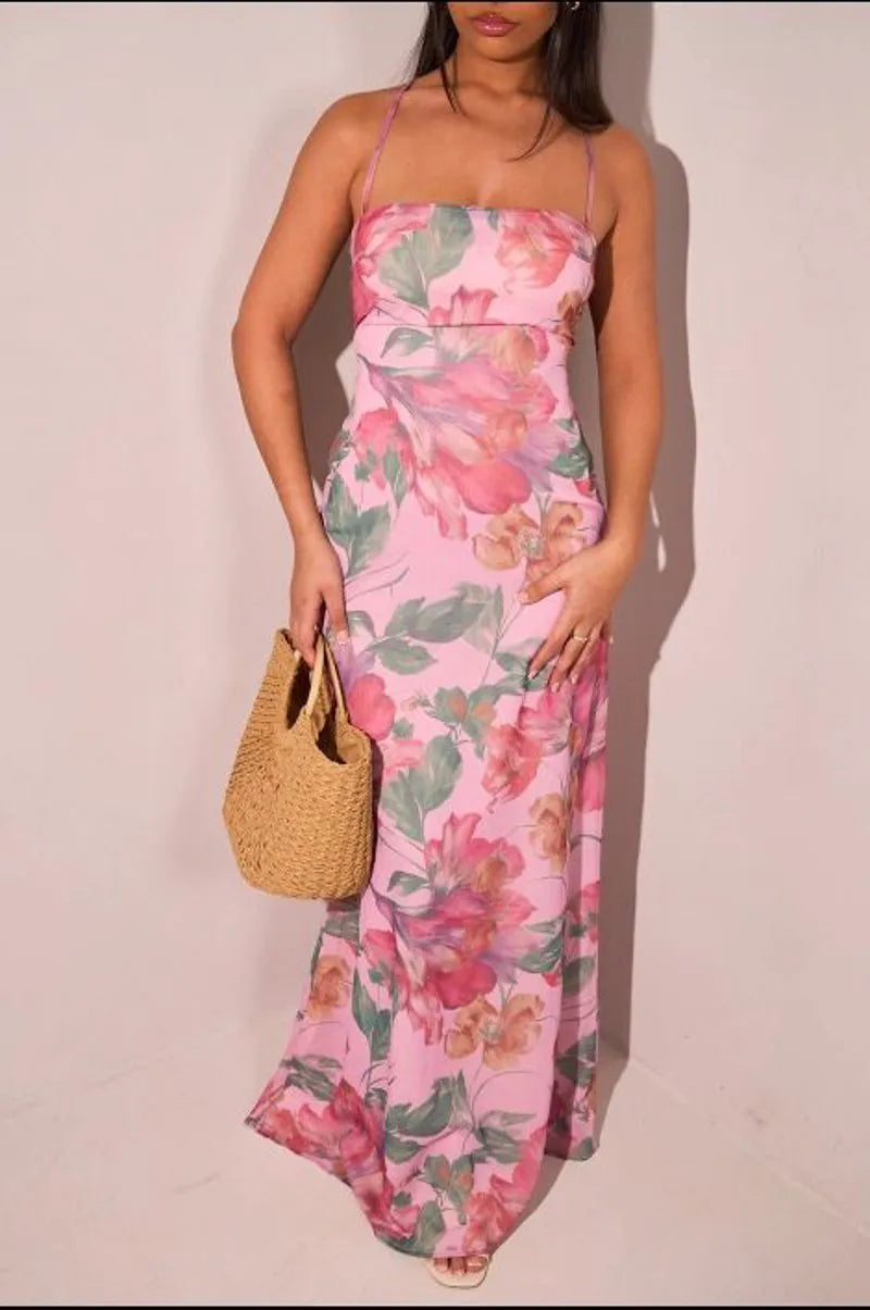 Mid-length pink dress with floral print
