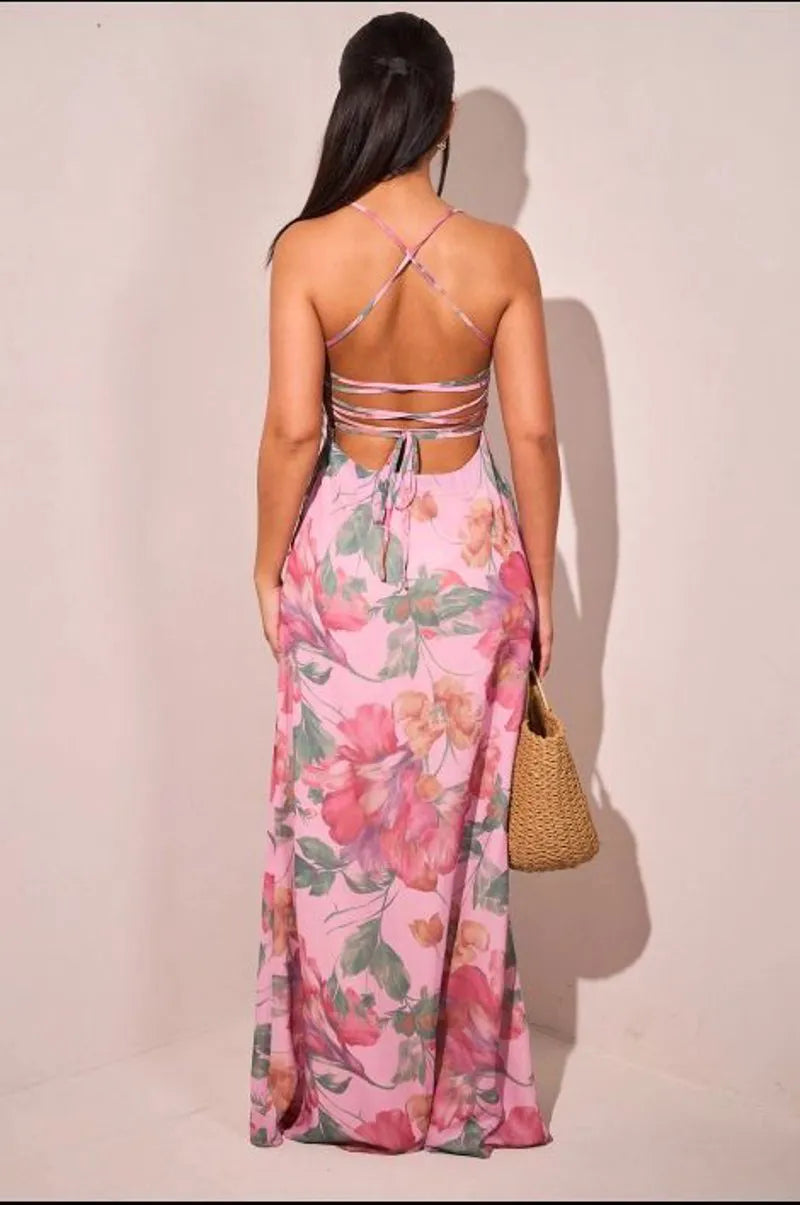 Mid-length pink dress with floral print