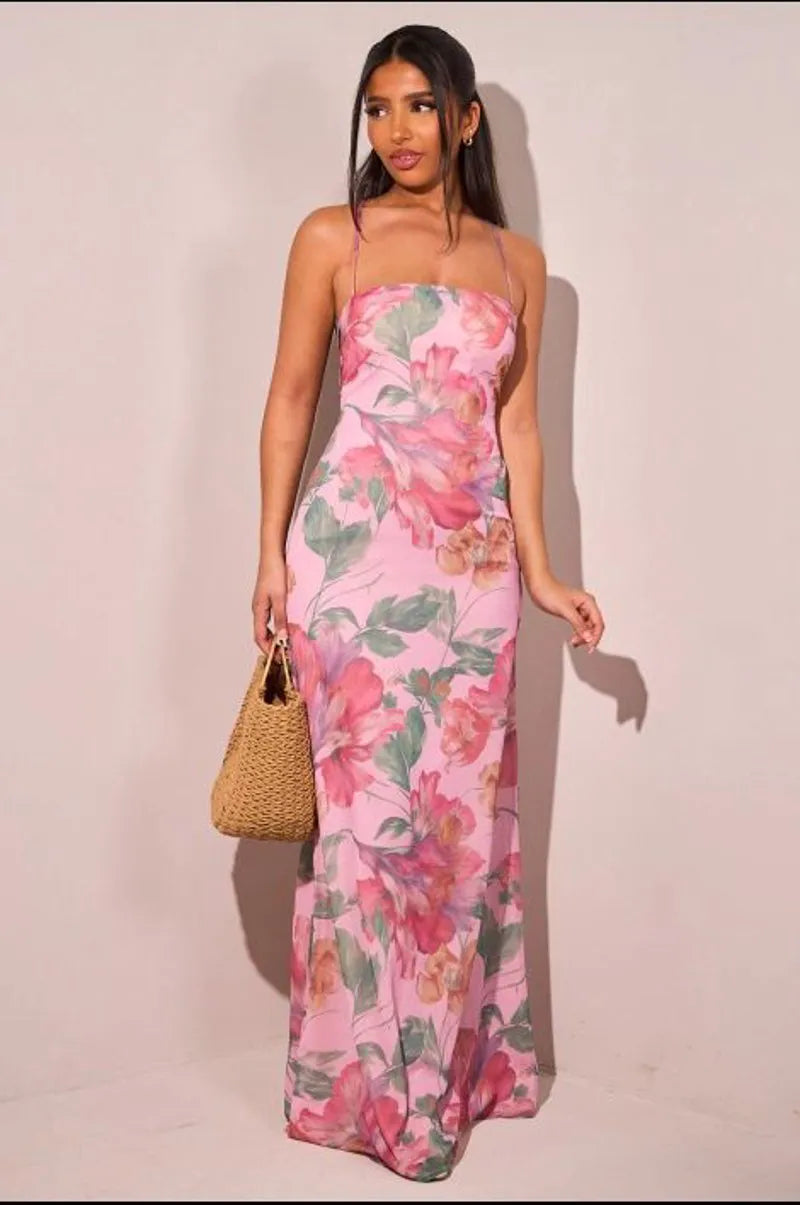 Mid-length pink dress with floral print