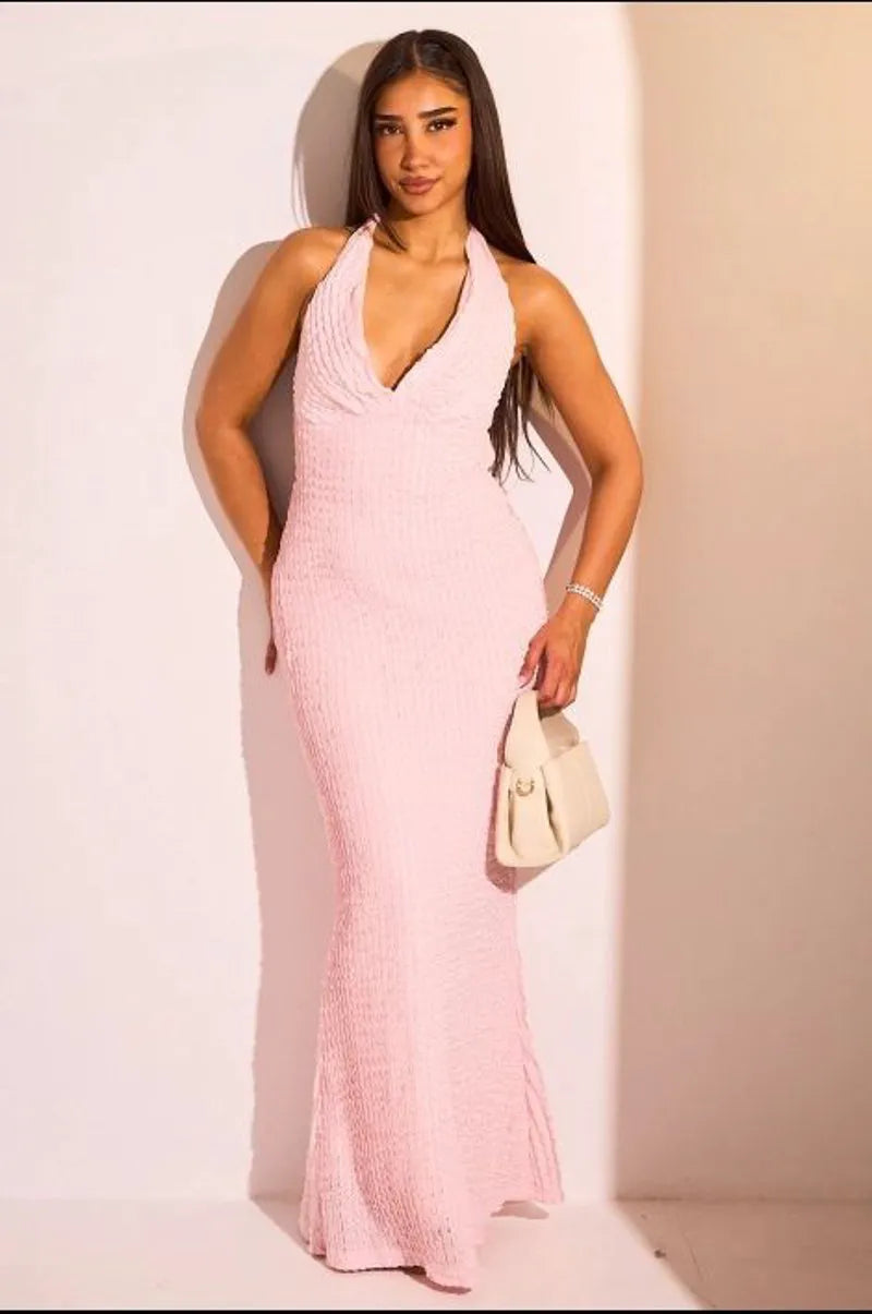Robe rose à effet dentelle dos nu