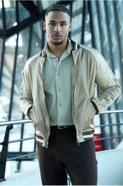 Satin beige tricolor bomber jacket