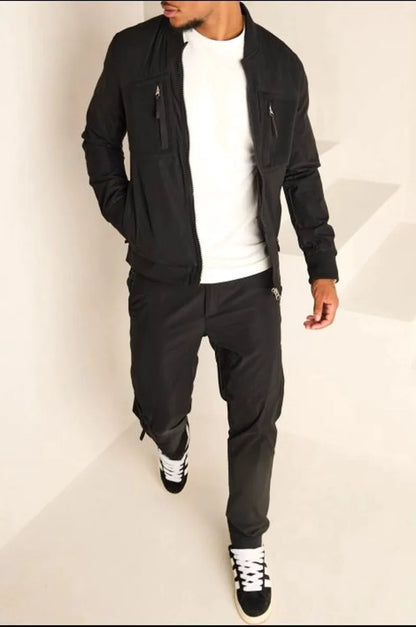 Two-piece ensemble: satin black bomber jacket and jogger pants.
