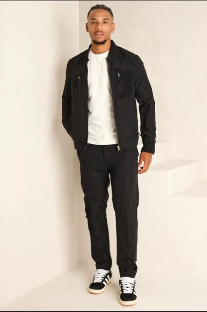 Two-piece ensemble: satin black bomber jacket and jogger pants.