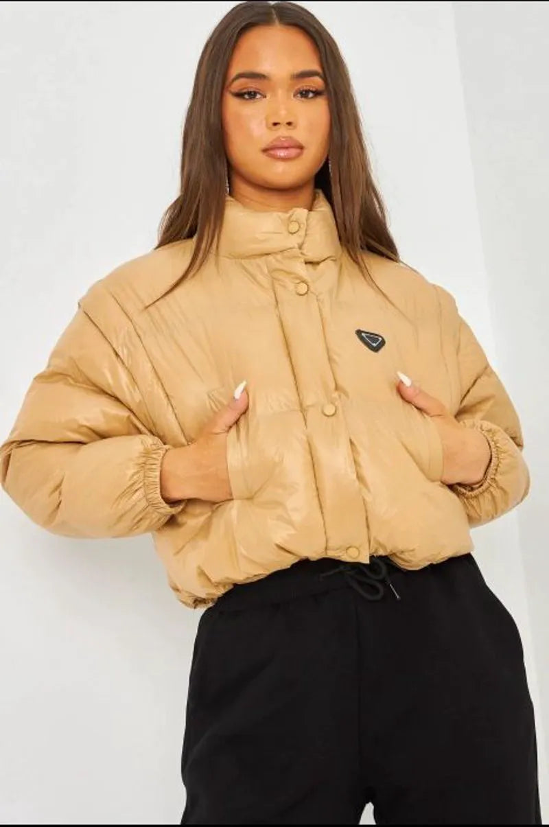 Short camel oil-finish puffer jacket with detachable sleeves