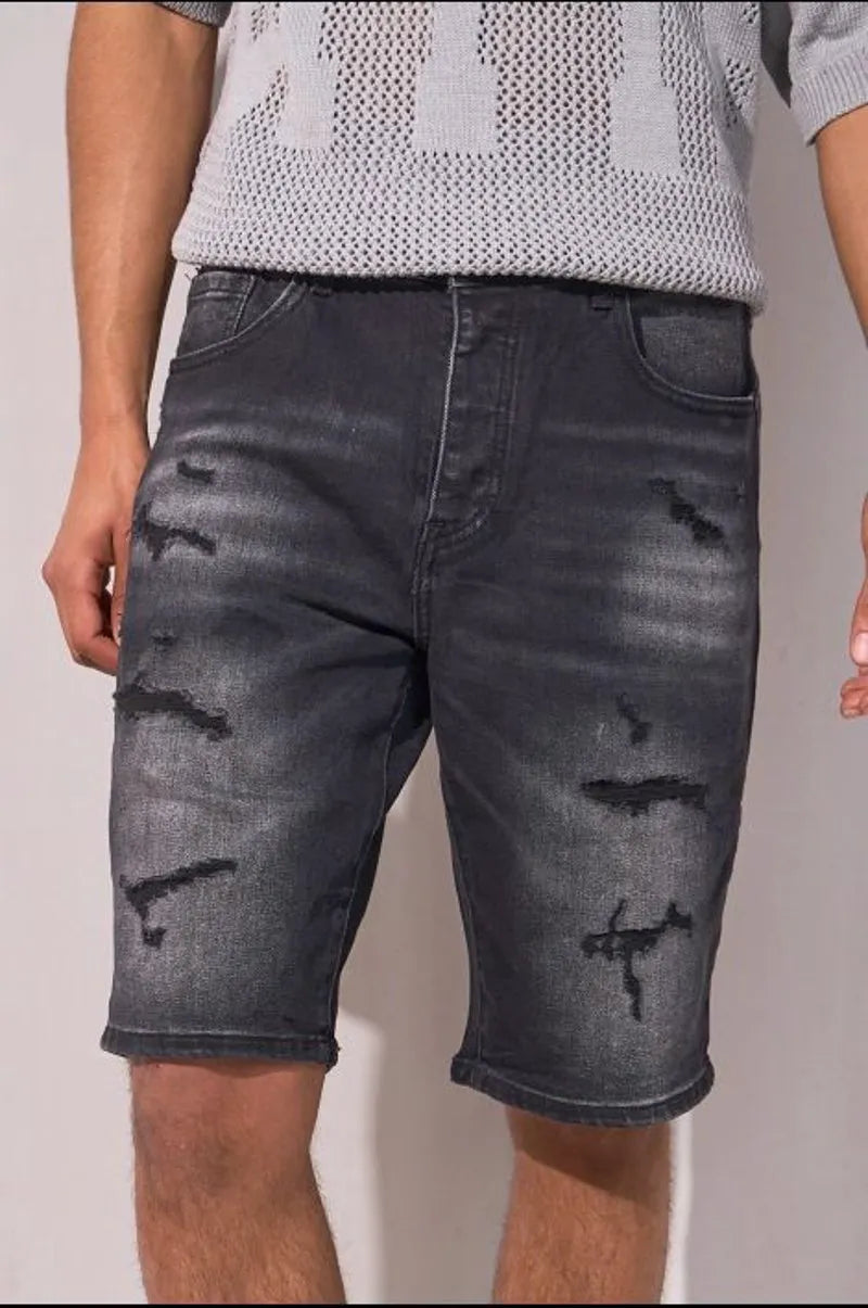 Distressed black denim shorts