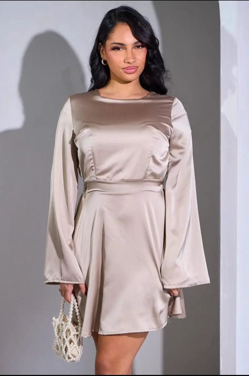 Beige short satin backless dress