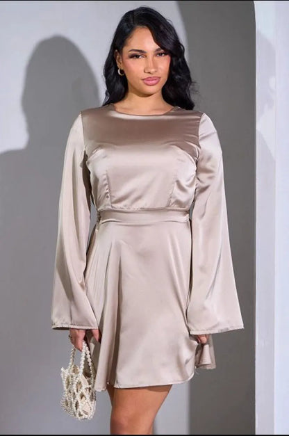 Beige short satin backless dress