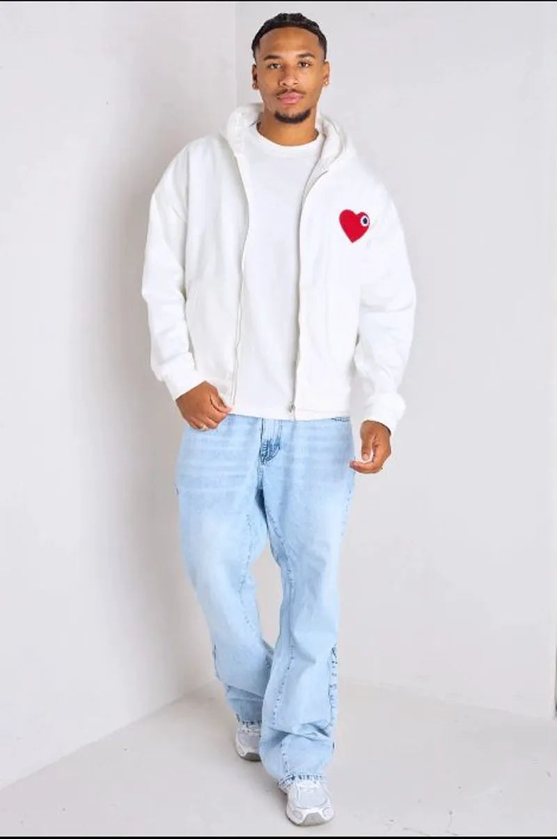 White hoodie with red "heart" design