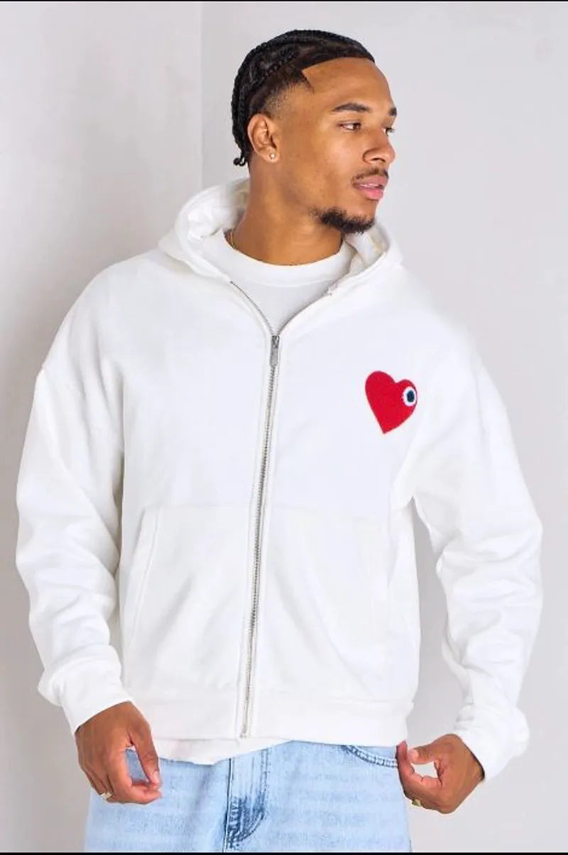 White hoodie with red "heart" design