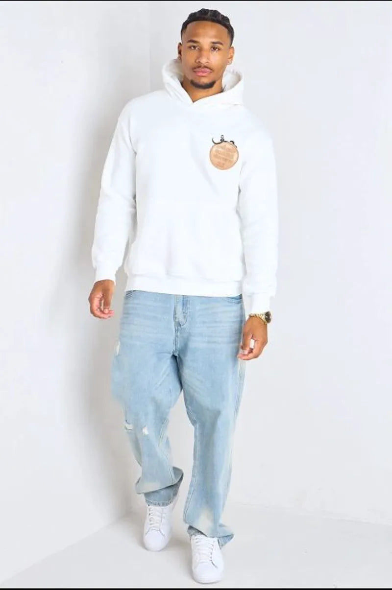 White hoodie with "palestine" print