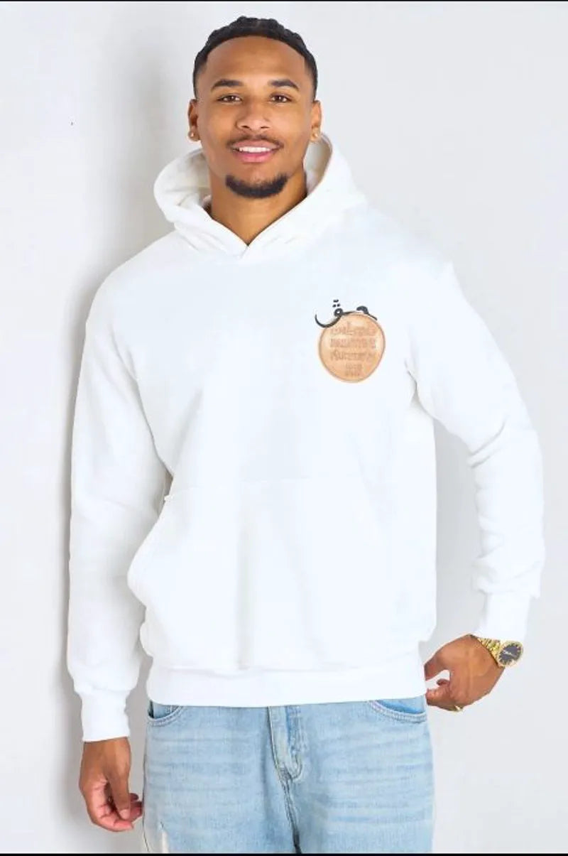 White hoodie with "palestine" print
