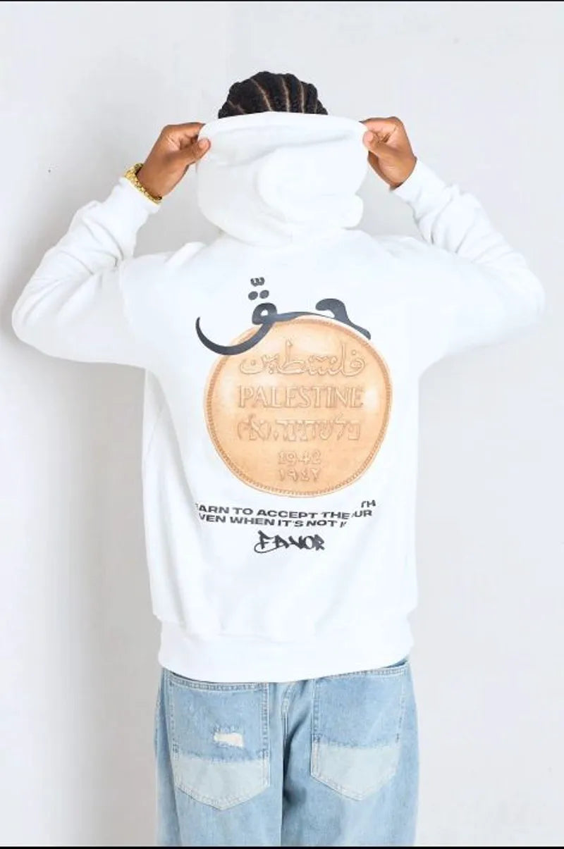 White hoodie with "palestine" print