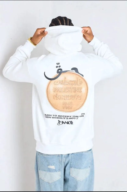 White hoodie with "palestine" print