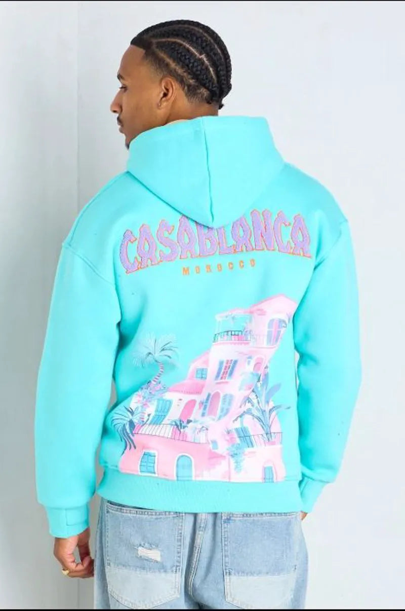 Turquoise blue "casablanca" printed hoodie