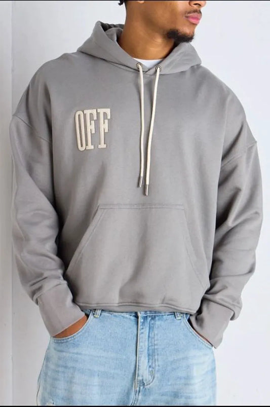 "off" grey hooded sweatshirt