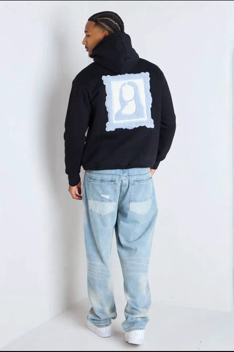 Black hoodie with embroidered wool portrait patch