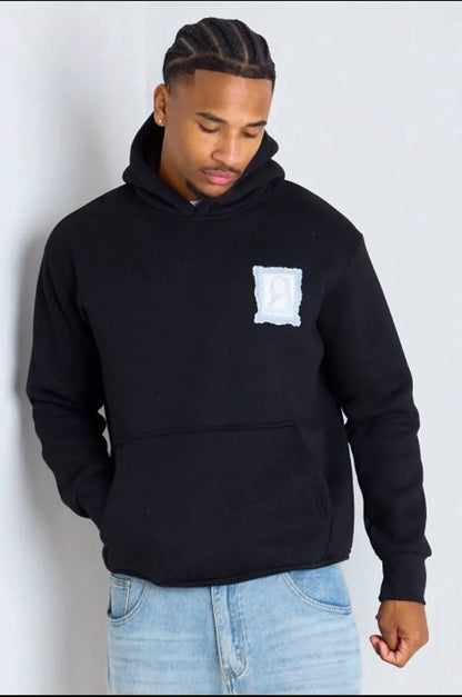 Black hoodie with embroidered wool portrait patch