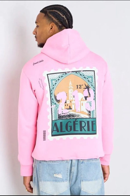 "algeria" printed pink hooded sweatshirt