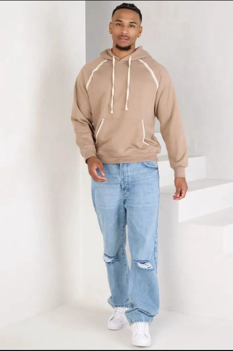 Beige sweatshirt with two-tone details and kangaroo pocket
