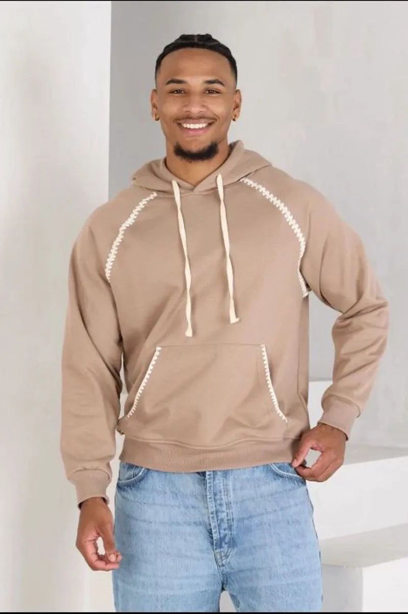 Beige sweatshirt with two-tone details and kangaroo pocket