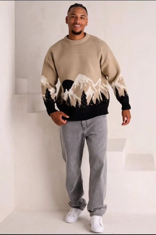 Taupe landscape pattern knit sweater