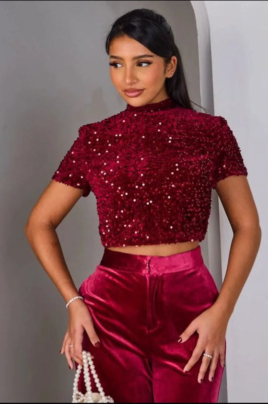 Red sequined cropped top