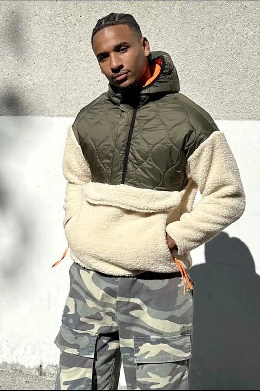 Two-material sheepskin sweatshirt khaki/beige