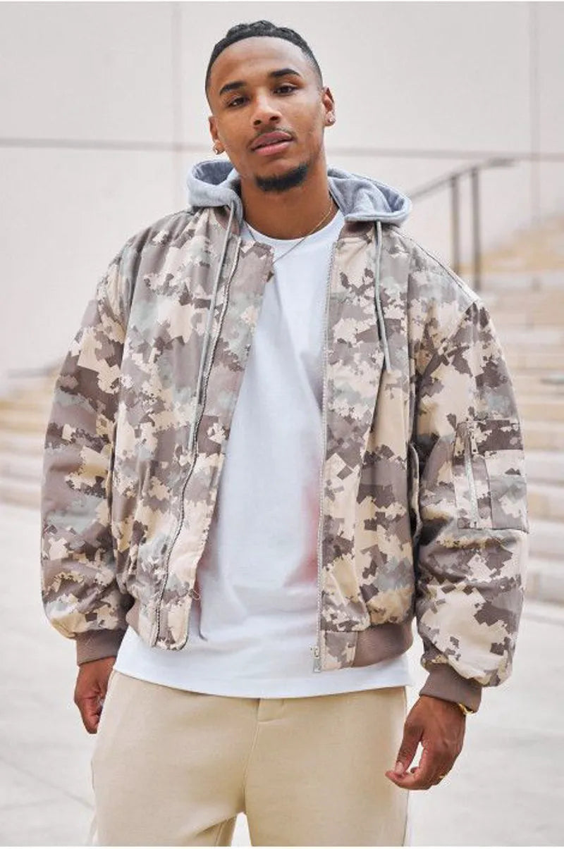 Two-tone hooded jacket in beige camouflage