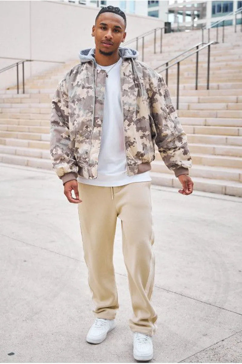 Two-tone hooded jacket in beige camouflage