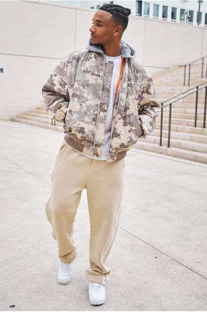 Two-tone hooded jacket in beige camouflage