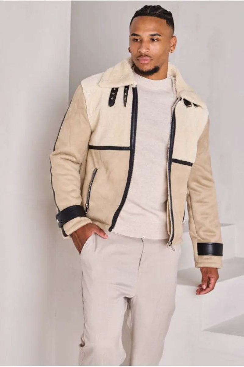 Beige shearling suede aviator jacket