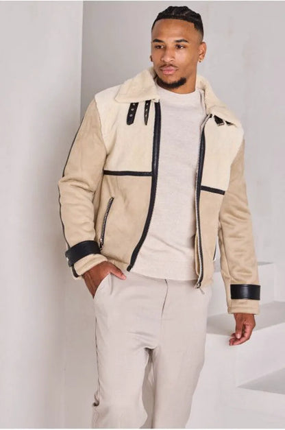Beige shearling suede aviator jacket