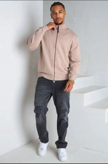 Veste basique à col rond et manches longues beige