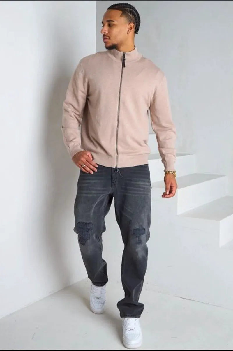 Veste basique à col rond et manches longues beige