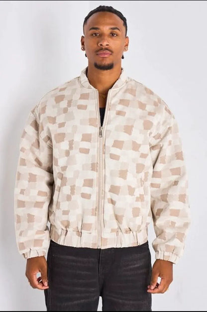 Veste beige style bomber à motifs géométriques carrés