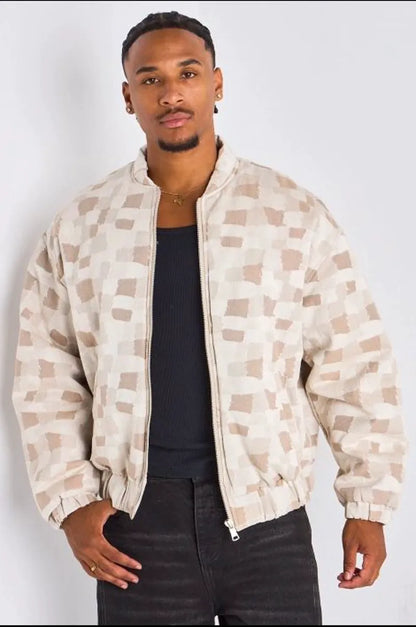 Veste beige style bomber à motifs géométriques carrés