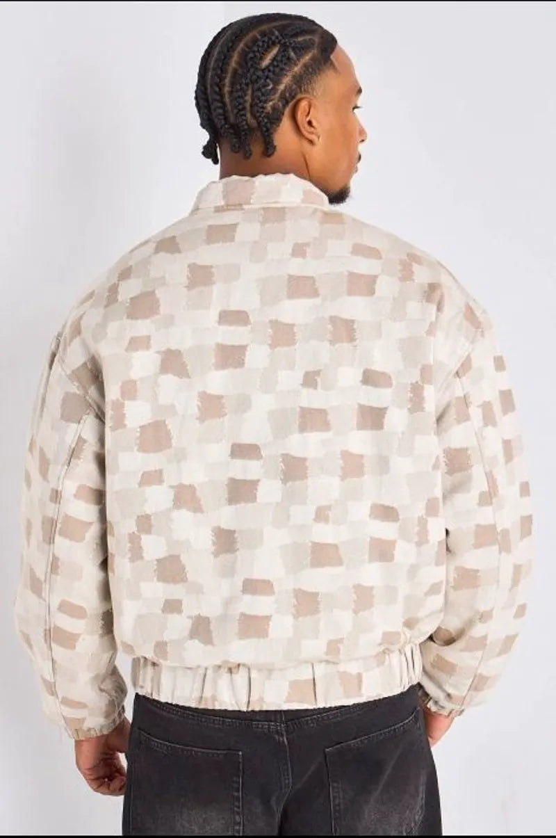 Veste beige style bomber à motifs géométriques carrés