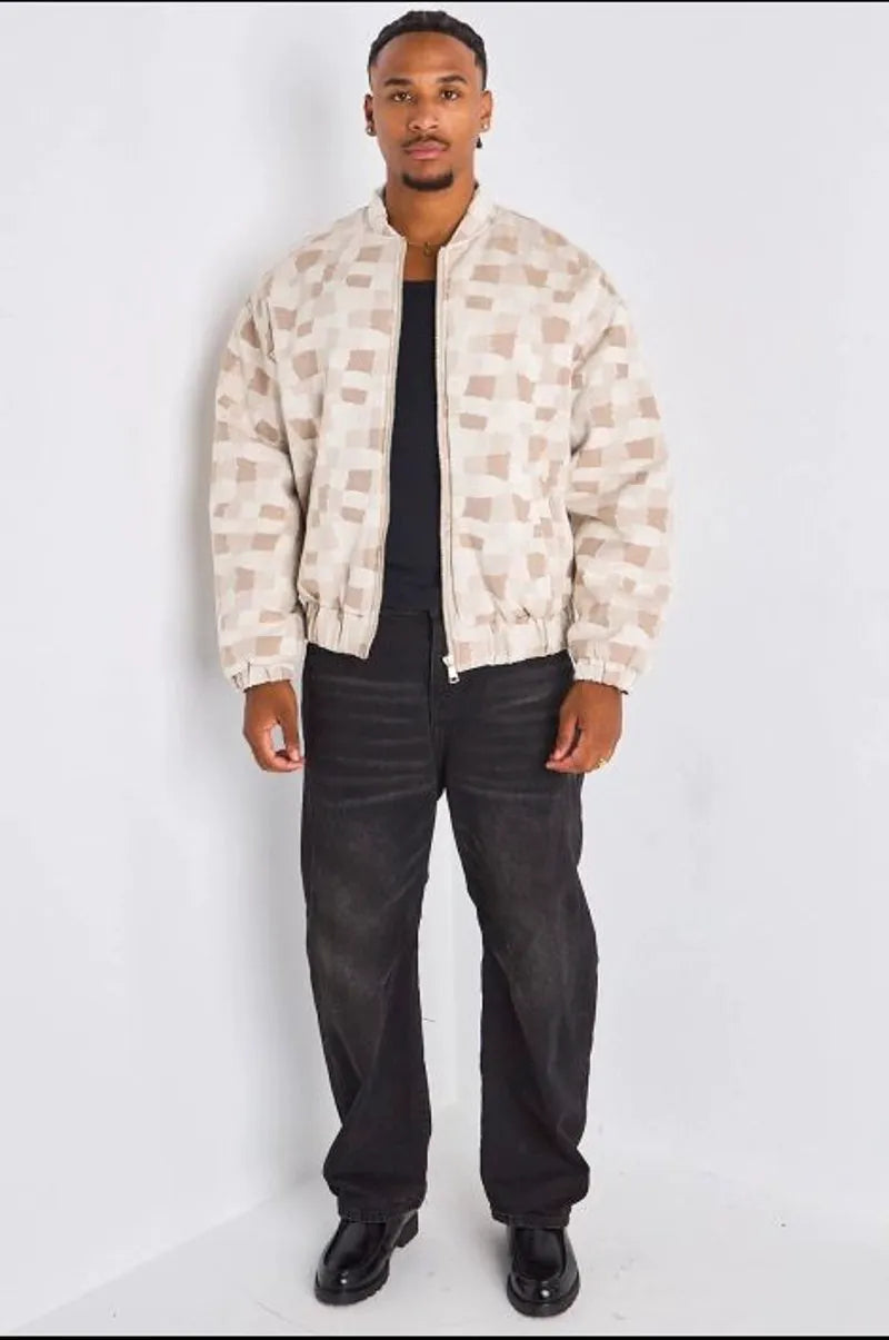 Veste beige style bomber à motifs géométriques carrés