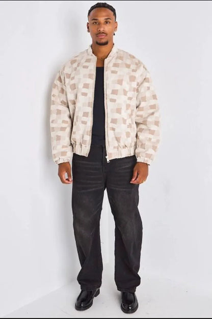Veste beige style bomber à motifs géométriques carrés