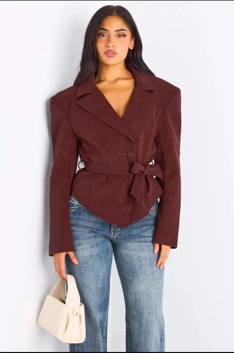 Veste blazer en simili cuir ceinturé bordeaux