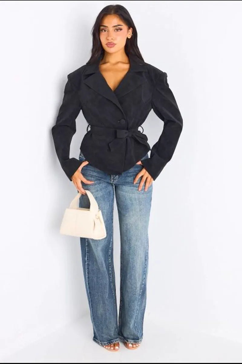 Veste blazer en simili cuir ceinturé noir