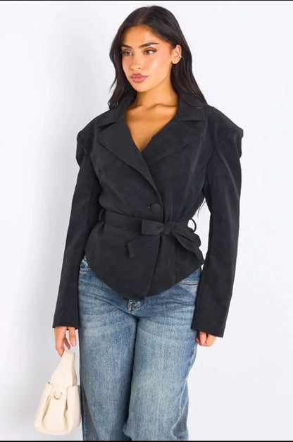 Veste blazer en simili cuir ceinturé noir