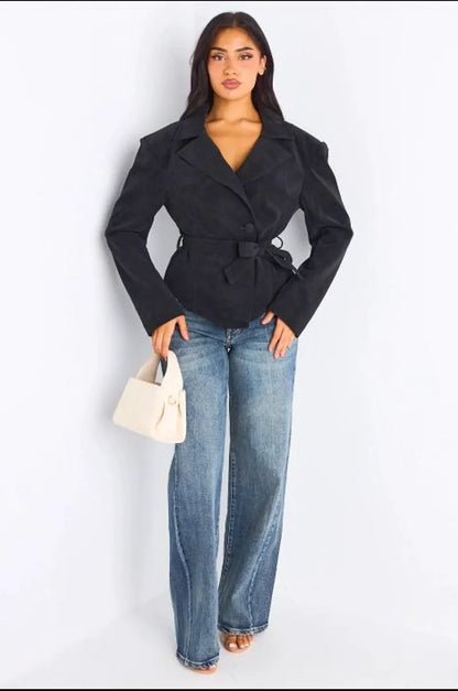 Veste blazer en simili cuir ceinturé noir