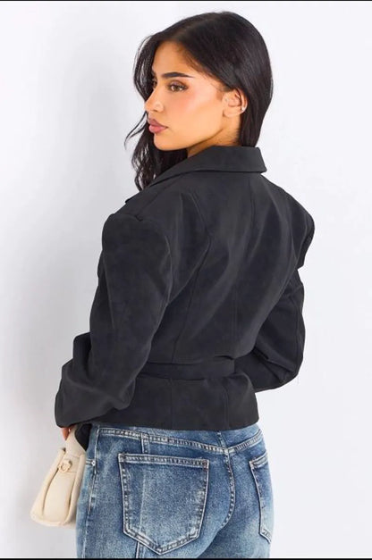 Veste blazer en simili cuir ceinturé noir