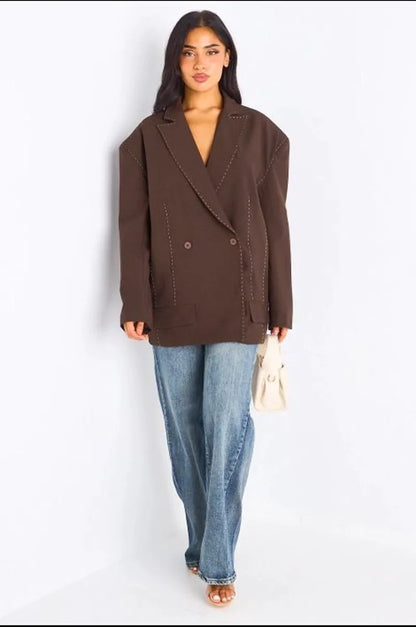 Veste blazer marron avec surpiqûres blanches