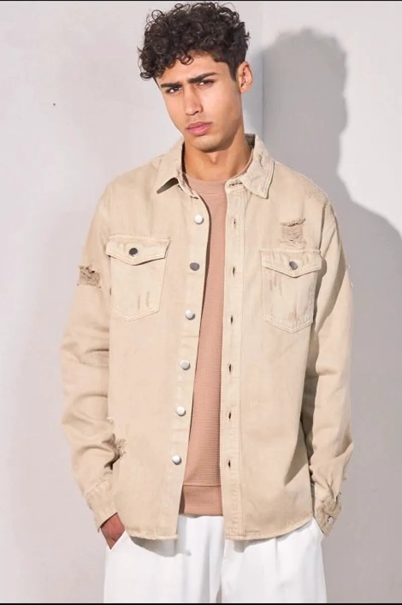 Beige denim shirt jacket