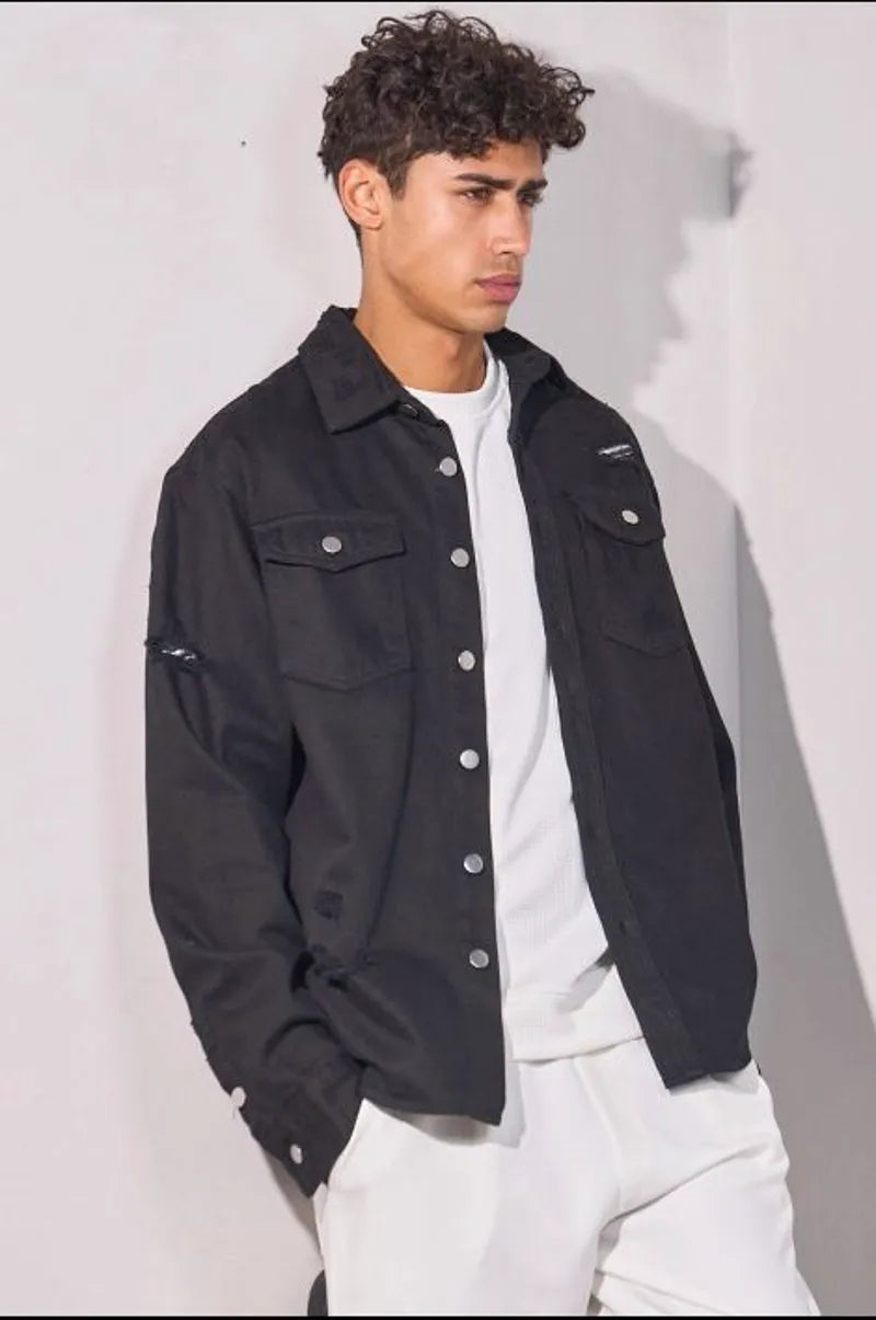 Black denim shirt-jacket