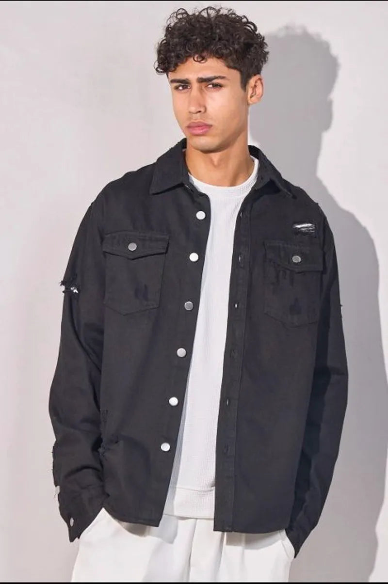 Black denim shirt-jacket