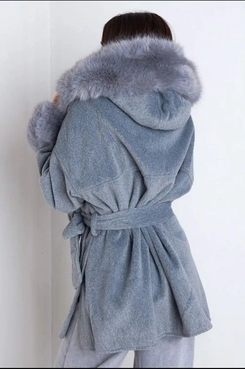 Gray tailored jacket with faux fur