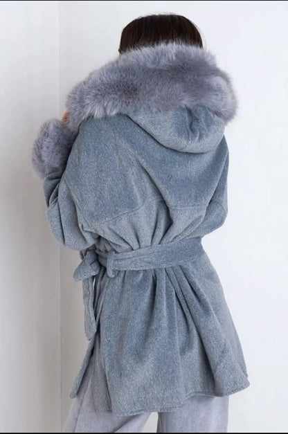 Gray tailored jacket with faux fur